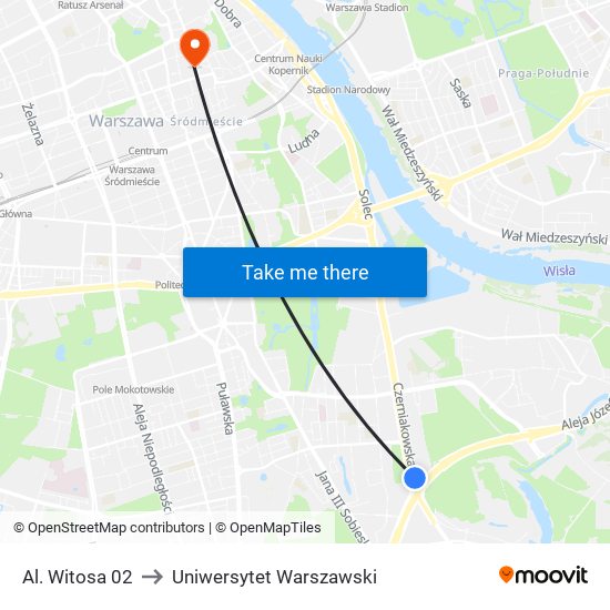 Al. Witosa 02 to Uniwersytet Warszawski map