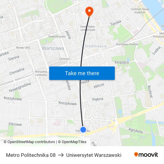 Metro Politechnika 08 to Uniwersytet Warszawski map