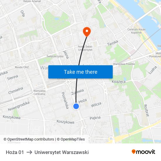 Hoża 01 to Uniwersytet Warszawski map