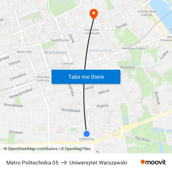 Metro Politechnika 05 to Uniwersytet Warszawski map