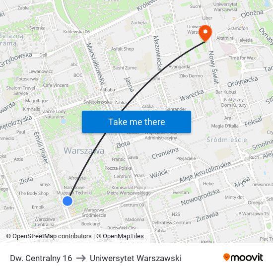 Dw. Centralny to Uniwersytet Warszawski map