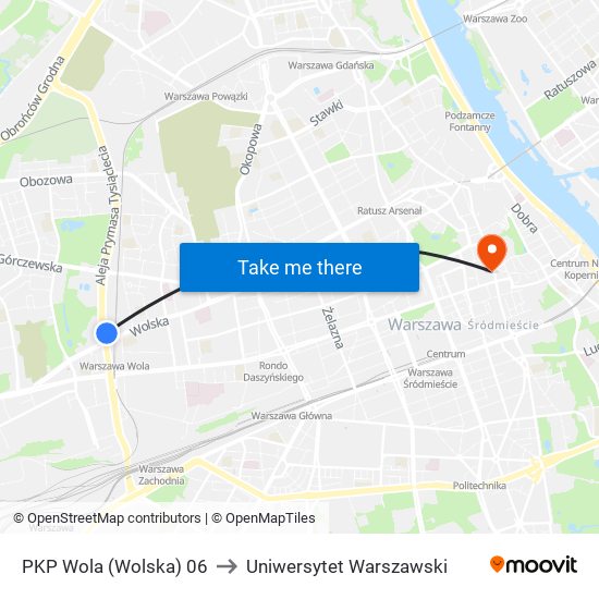 PKP Wola (Wolska) 06 to Uniwersytet Warszawski map
