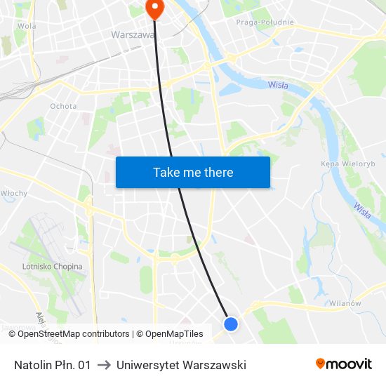 Natolin Płn. to Uniwersytet Warszawski map