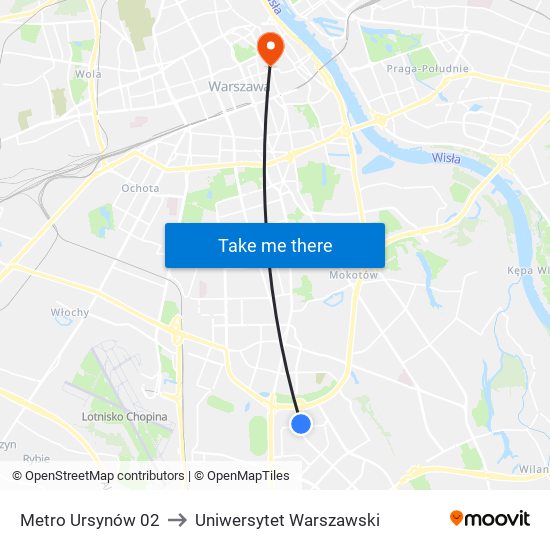 Metro Ursynów 02 to Uniwersytet Warszawski map