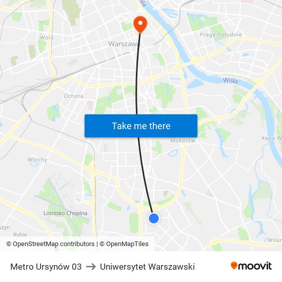 Metro Ursynów 03 to Uniwersytet Warszawski map