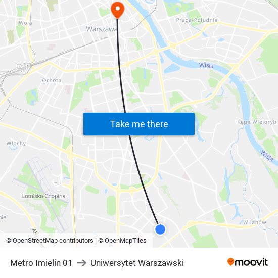 Metro Imielin to Uniwersytet Warszawski map