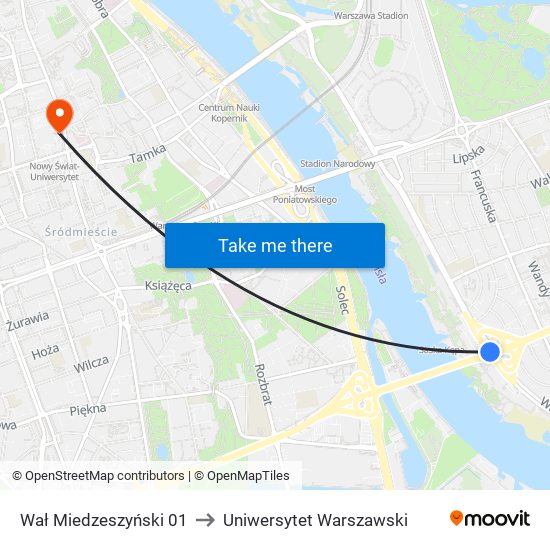 Wał Miedzeszyński 01 to Uniwersytet Warszawski map
