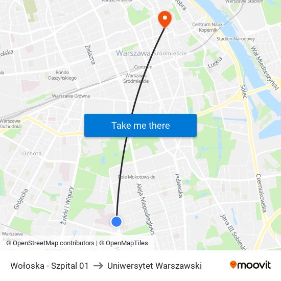 Wołoska-Szpital to Uniwersytet Warszawski map