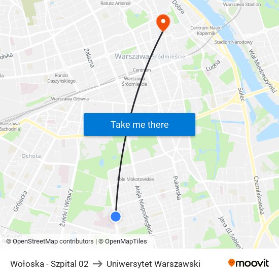 Wołoska - Szpital 02 to Uniwersytet Warszawski map