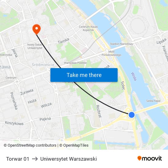 Torwar to Uniwersytet Warszawski map