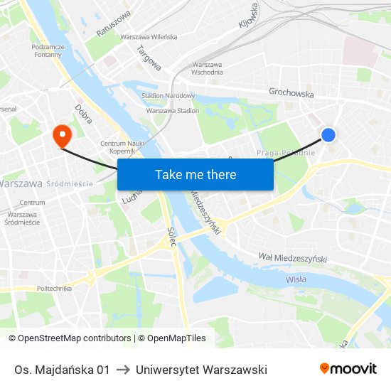 Os. Majdańska to Uniwersytet Warszawski map