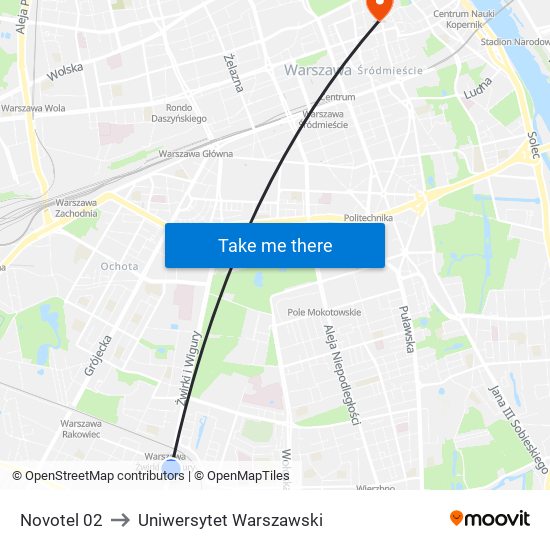 Novotel 02 to Uniwersytet Warszawski map