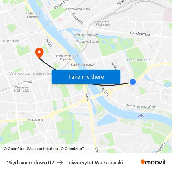 Międzynarodowa 02 to Uniwersytet Warszawski map
