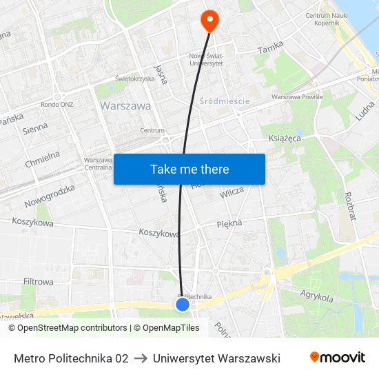Metro Politechnika 02 to Uniwersytet Warszawski map