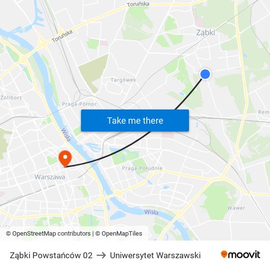 Ząbki Powstańców to Uniwersytet Warszawski map