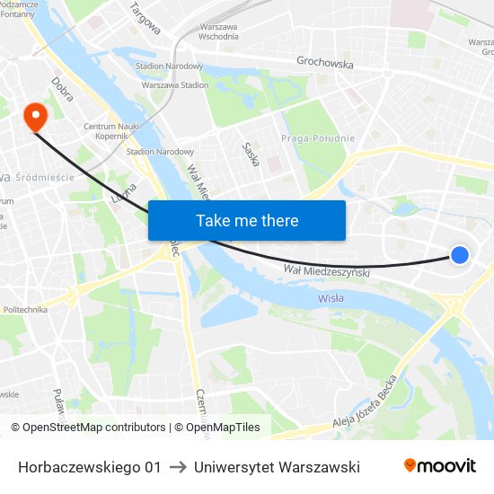 Horbaczewskiego 01 to Uniwersytet Warszawski map