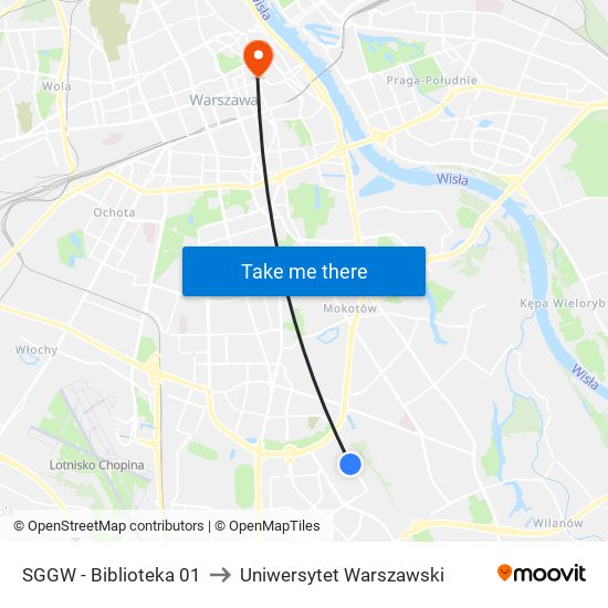 SGGW - Biblioteka 01 to Uniwersytet Warszawski map