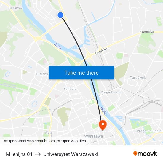 Milenijna 01 to Uniwersytet Warszawski map