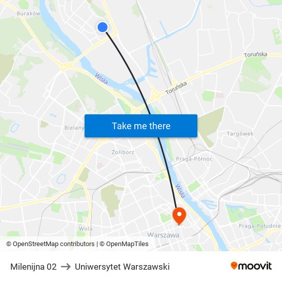 Milenijna 02 to Uniwersytet Warszawski map