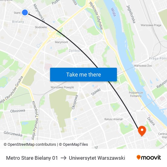 Metro Stare Bielany to Uniwersytet Warszawski map