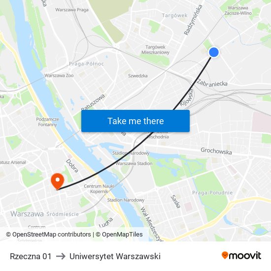 Rzeczna 01 to Uniwersytet Warszawski map