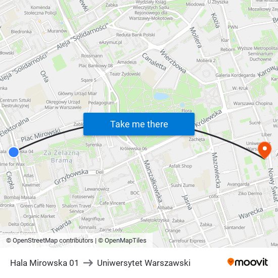 Hala Mirowska 01 to Uniwersytet Warszawski map