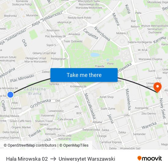 Hala Mirowska 02 to Uniwersytet Warszawski map