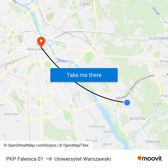 PKP Falenica 01 to Uniwersytet Warszawski map