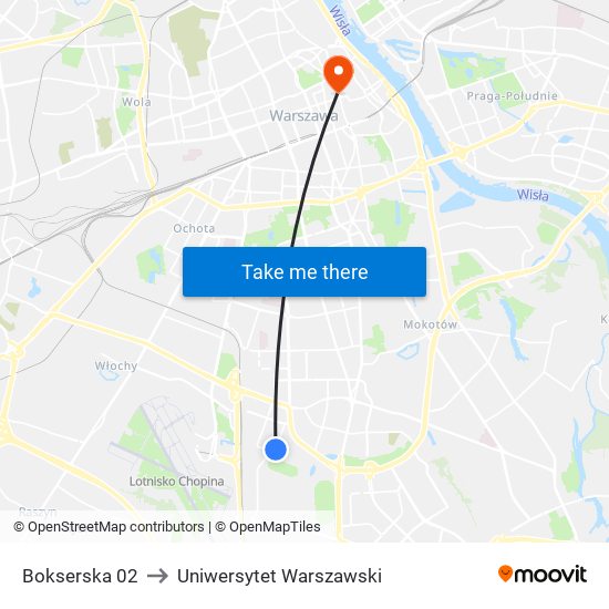 Bokserska to Uniwersytet Warszawski map