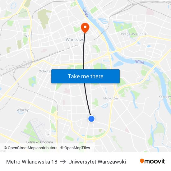 Metro Wilanowska 18 to Uniwersytet Warszawski map