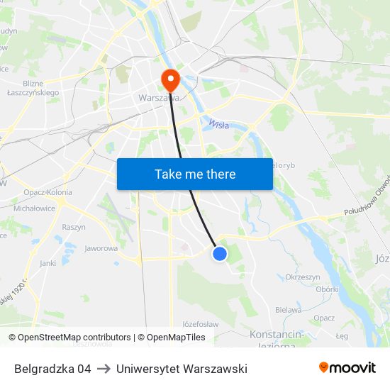 Belgradzka 04 to Uniwersytet Warszawski map