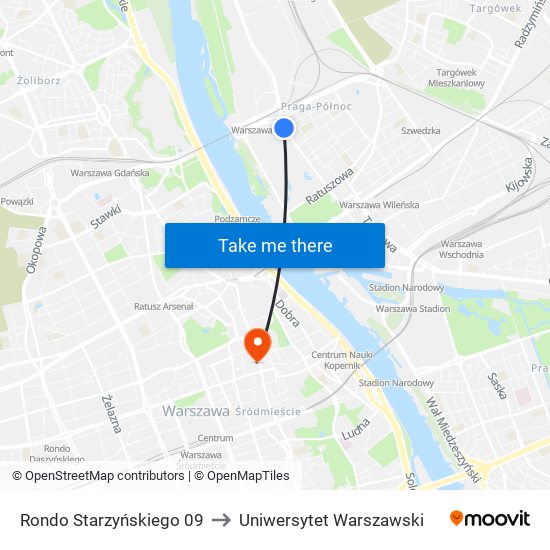 Rondo Starzyńskiego 09 to Uniwersytet Warszawski map