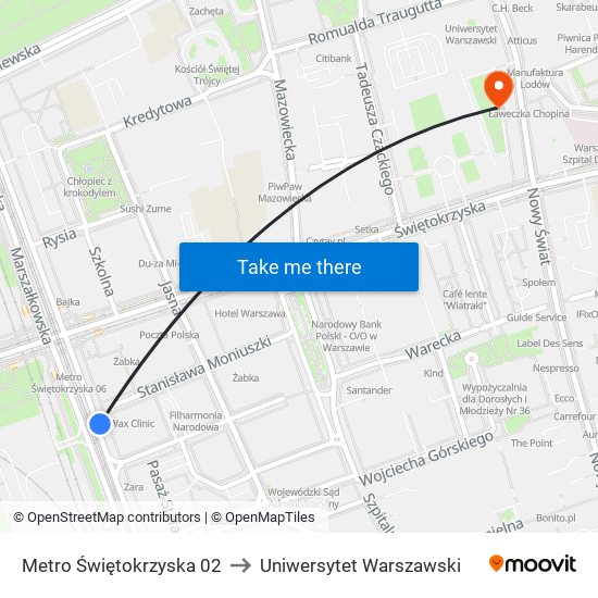 Metro Świętokrzyska to Uniwersytet Warszawski map