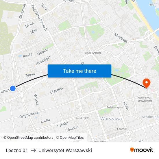 Leszno 01 to Uniwersytet Warszawski map