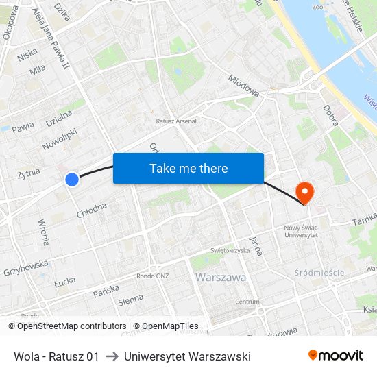 Wola - Ratusz 01 to Uniwersytet Warszawski map