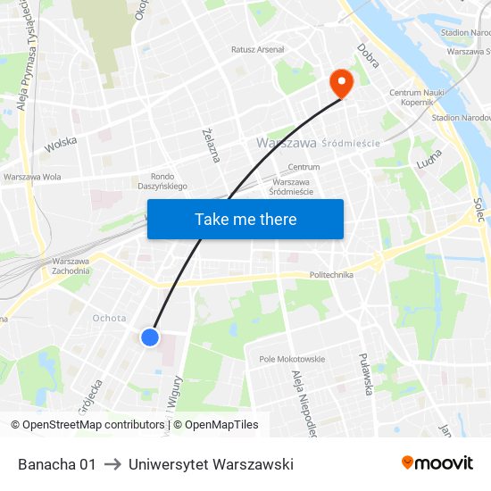 Banacha 01 to Uniwersytet Warszawski map