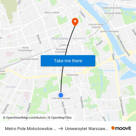 Metro Pole Mokotowskie to Uniwersytet Warszawski map