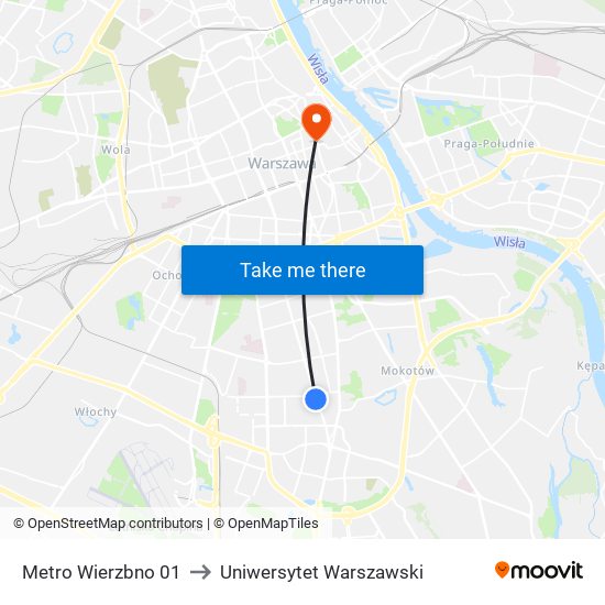 Metro Wierzbno 01 to Uniwersytet Warszawski map