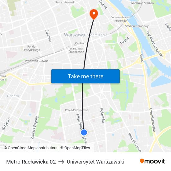 Metro Racławicka to Uniwersytet Warszawski map