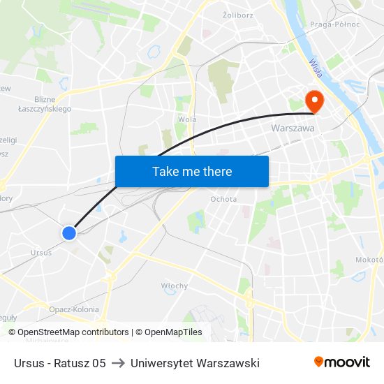 Ursus - Ratusz 05 to Uniwersytet Warszawski map