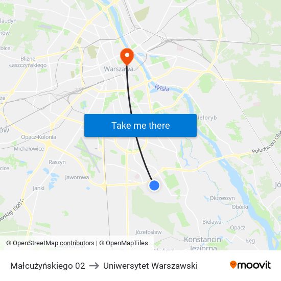 Małcużyńskiego 02 to Uniwersytet Warszawski map