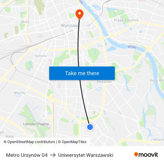 Metro Ursynów 04 to Uniwersytet Warszawski map