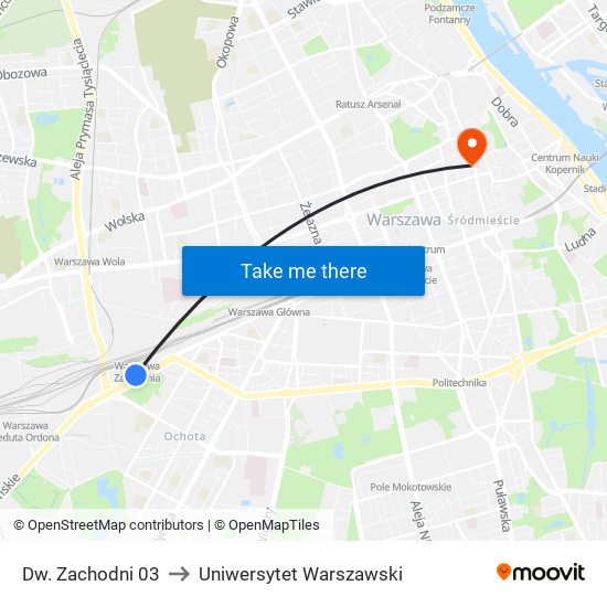 Dw. Zachodni 03 to Uniwersytet Warszawski map
