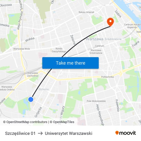Szczęśliwice 01 to Uniwersytet Warszawski map