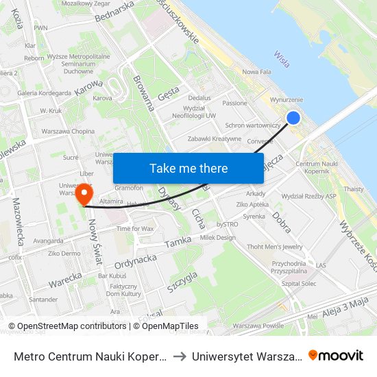 Metro Centrum Nauki Kopernik 02 to Uniwersytet Warszawski map