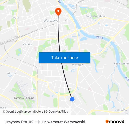 Ursynów Płn. to Uniwersytet Warszawski map
