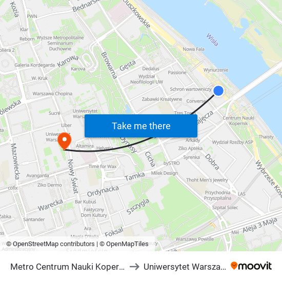 Metro Centrum Nauki Kopernik to Uniwersytet Warszawski map