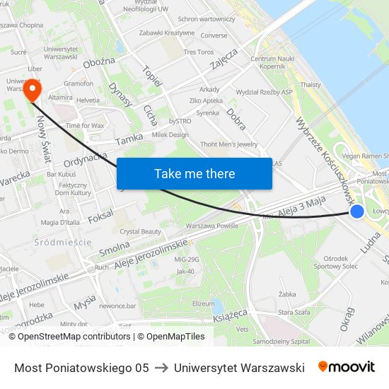 Most Poniatowskiego 05 to Uniwersytet Warszawski map