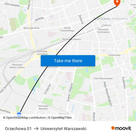 Orzechowa 01 to Uniwersytet Warszawski map