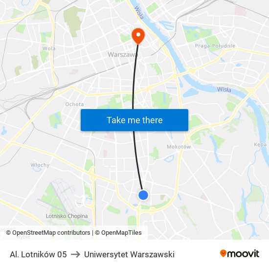 Al. Lotników 05 to Uniwersytet Warszawski map